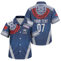 Manu Samoa Rugby Custom Navy Blue Family Matching Short Sleeve Bodycon Dress and Hawaiian Shirt ʻIe Toga Pattern With Red Ula fala