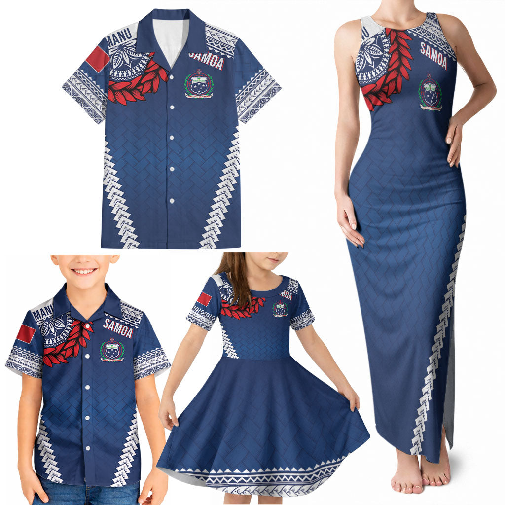 Manu Samoa Rugby Custom Navy Blue Family Matching Tank Maxi Dress and Hawaiian Shirt ʻIe Toga Pattern With Red Ula fala