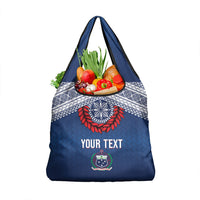 Manu Samoa Rugby Custom Navy Blue Grocery Bag ʻIe Toga Pattern With Red Ula fala