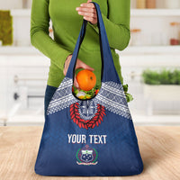 Manu Samoa Rugby Custom Navy Blue Grocery Bag ʻIe Toga Pattern With Red Ula fala
