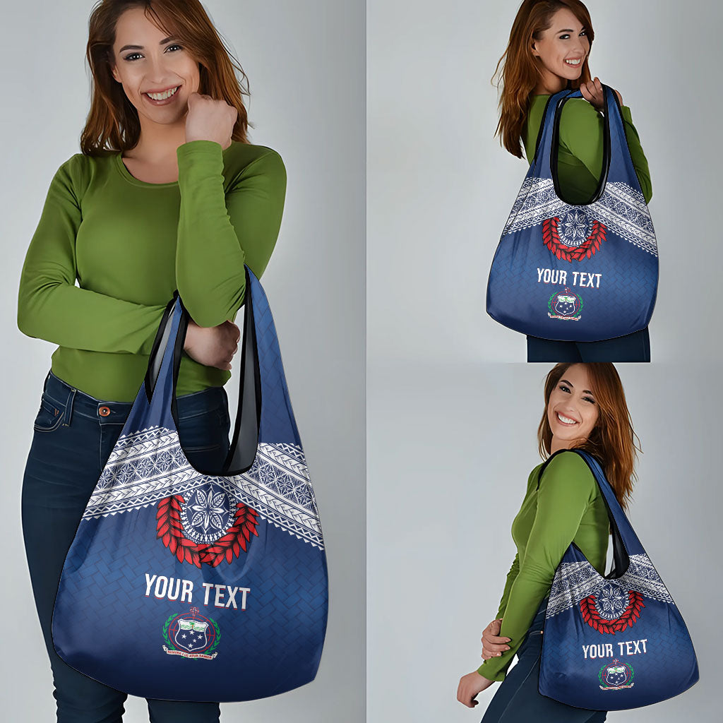 Manu Samoa Rugby Custom Navy Blue Grocery Bag ʻIe Toga Pattern With Red Ula fala