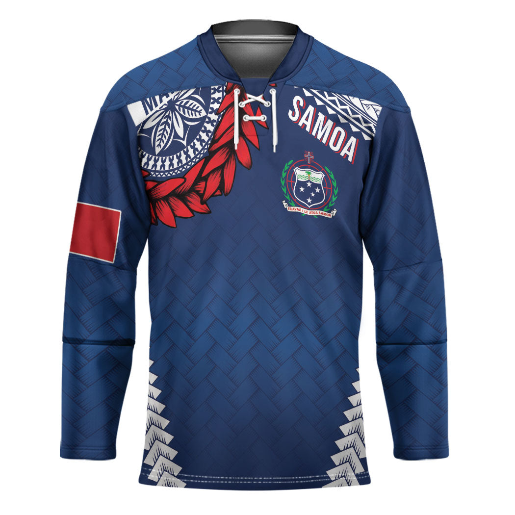 Manu Samoa Rugby Custom Navy Blue Hockey Jersey ʻIe Toga Pattern With Red Ula fala