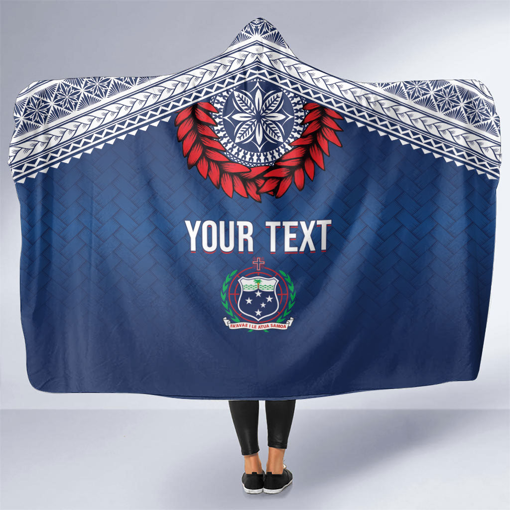Manu Samoa Rugby Custom Navy Blue Hooded Blanket ʻIe Toga Pattern With Red Ula fala