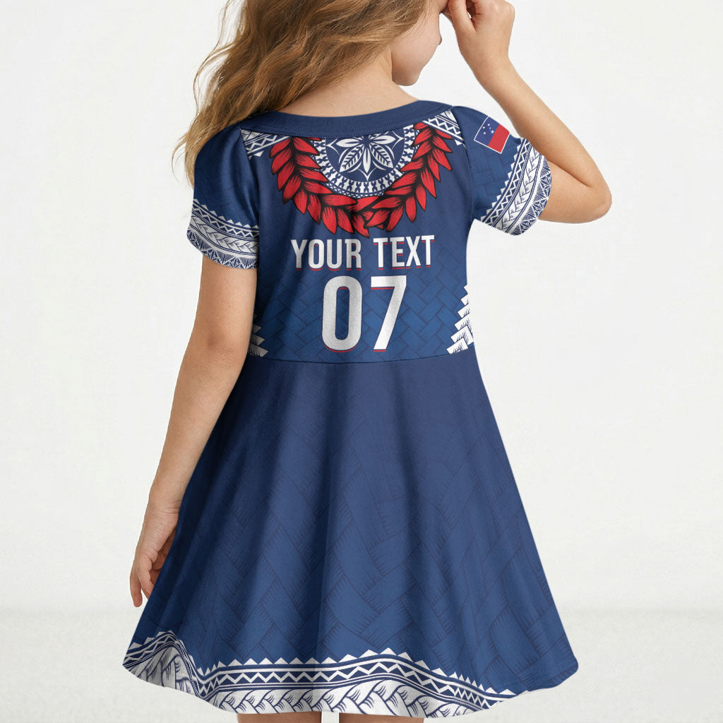 Manu Samoa Rugby Custom Navy Blue Kid Short Sleeve Dress ʻIe Toga Pattern With Red Ula fala