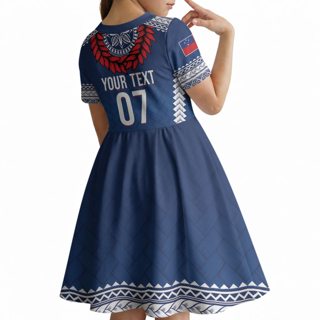 Manu Samoa Rugby Custom Navy Blue Kid Short Sleeve Dress ʻIe Toga Pattern With Red Ula fala