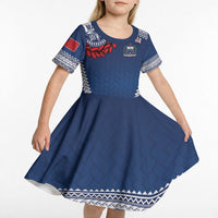 Manu Samoa Rugby Custom Navy Blue Kid Short Sleeve Dress ʻIe Toga Pattern With Red Ula fala