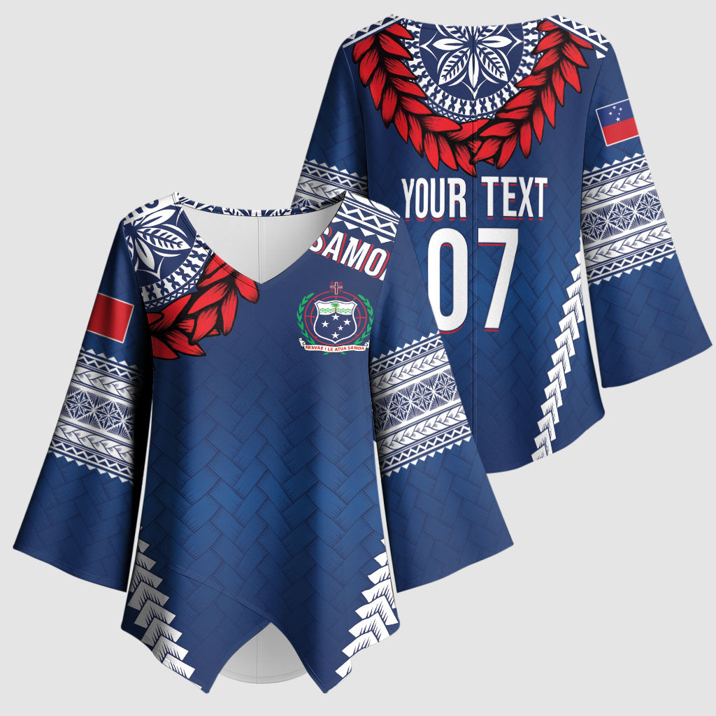 Manu Samoa Rugby Custom Navy Blue Kimono Sleeve Blouse ʻIe Toga Pattern With Red Ula fala