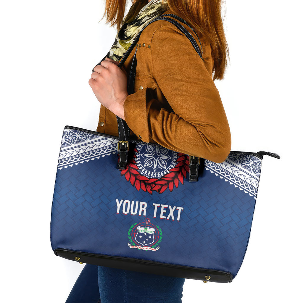 Manu Samoa Rugby Custom Navy Blue Leather Tote Bag ʻIe Toga Pattern With Red Ula fala