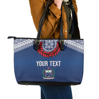 Manu Samoa Rugby Custom Navy Blue Leather Tote Bag ʻIe Toga Pattern With Red Ula fala