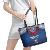 Manu Samoa Rugby Custom Navy Blue Leather Tote Bag ʻIe Toga Pattern With Red Ula fala