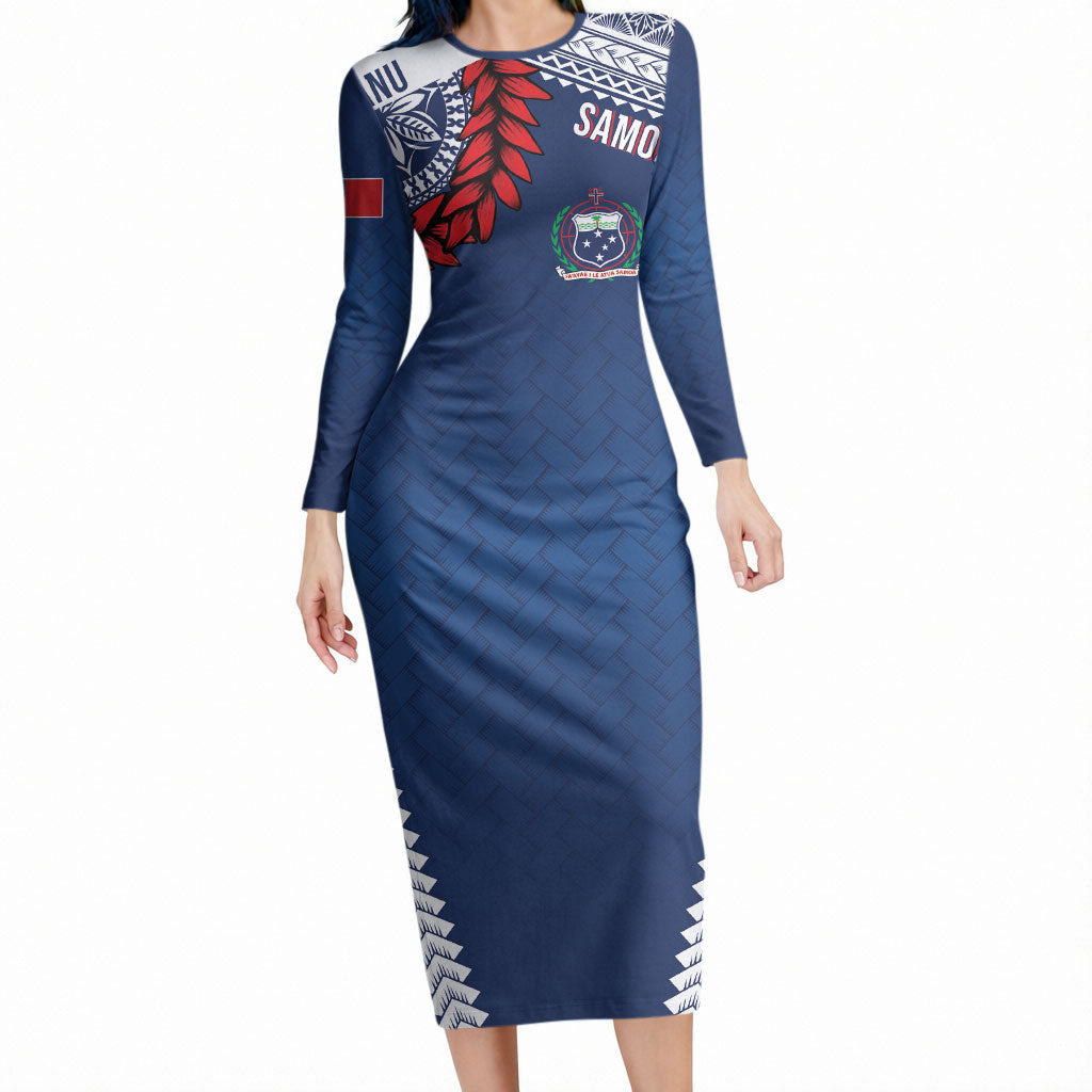 Manu Samoa Rugby Custom Navy Blue Long Sleeve Bodycon Dress ʻIe Toga Pattern With Red Ula fala