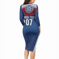 Manu Samoa Rugby Custom Navy Blue Long Sleeve Bodycon Dress ʻIe Toga Pattern With Red Ula fala