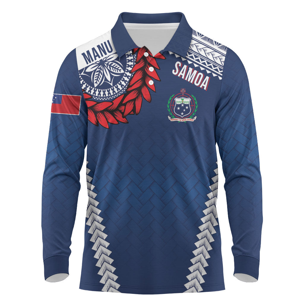 Manu Samoa Rugby Custom Navy Blue Long Sleeve Polo Shirt ʻIe Toga Pattern With Red Ula fala