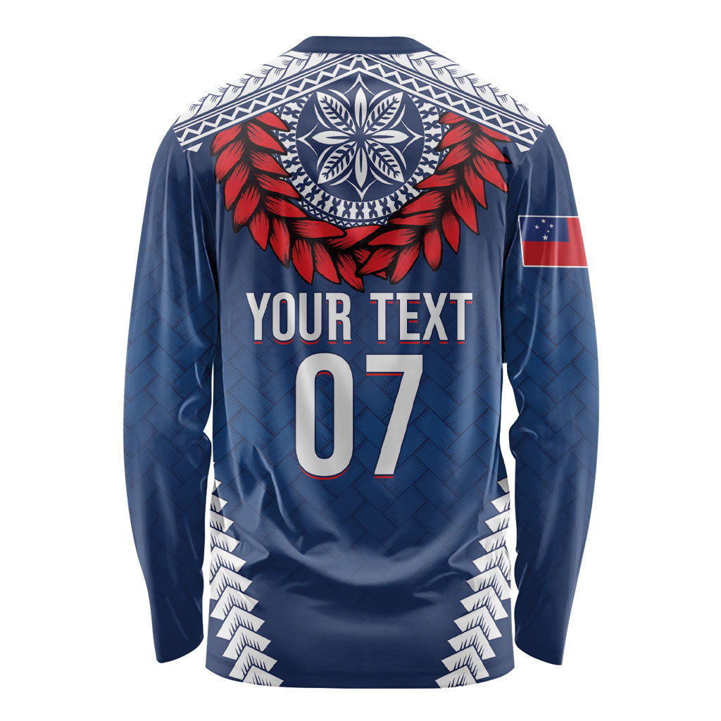 Manu Samoa Rugby Custom Navy Blue Long Sleeve Shirt ʻIe Toga Pattern With Red Ula fala LT7 - Polynesian Pride