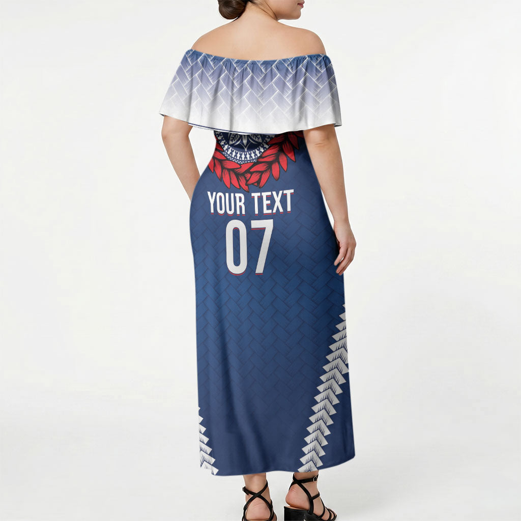 Manu Samoa Rugby Custom Navy Blue Off Shoulder Maxi Dress ʻIe Toga Pattern With Red Ula fala