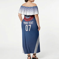 Manu Samoa Rugby Custom Navy Blue Off Shoulder Maxi Dress ʻIe Toga Pattern With Red Ula fala