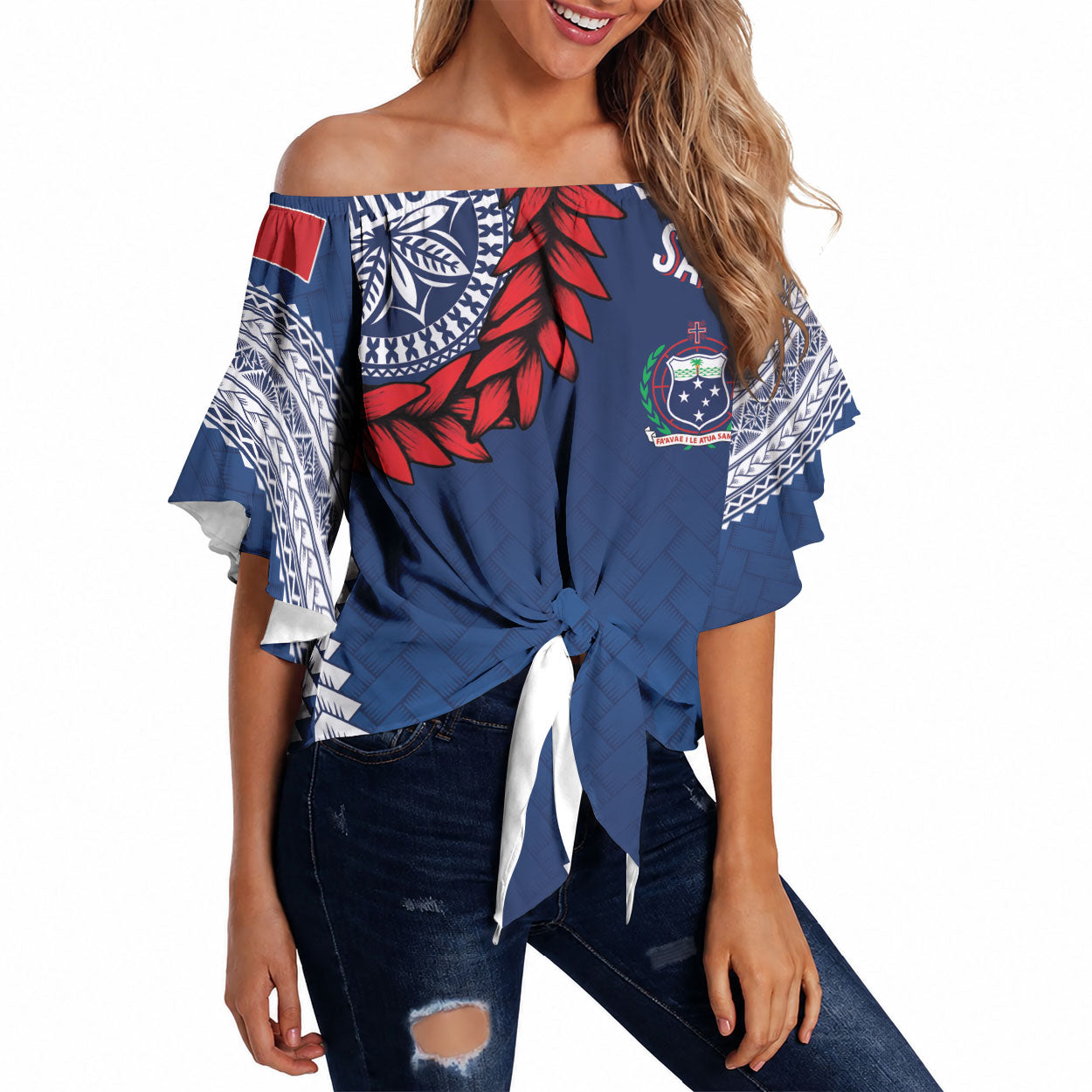 Manu Samoa Rugby Custom Navy Blue Off Shoulder Wrap Waist Top ʻIe Toga Pattern With Red Ula fala