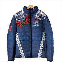 Manu Samoa Rugby Custom Navy Blue Padded Jacket ʻIe Toga Pattern With Red Ula fala