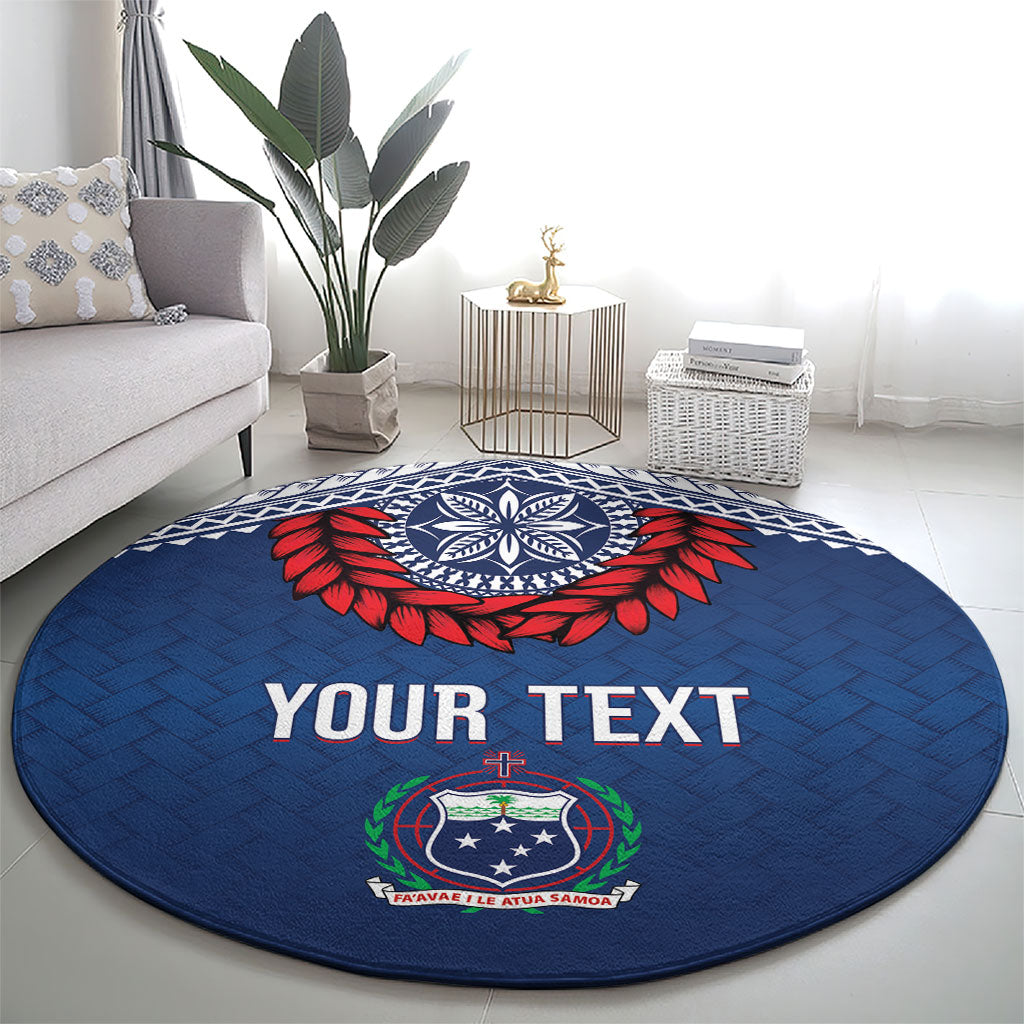 Manu Samoa Rugby Custom Navy Blue Round Carpet ʻIe Toga Pattern With Red Ula fala