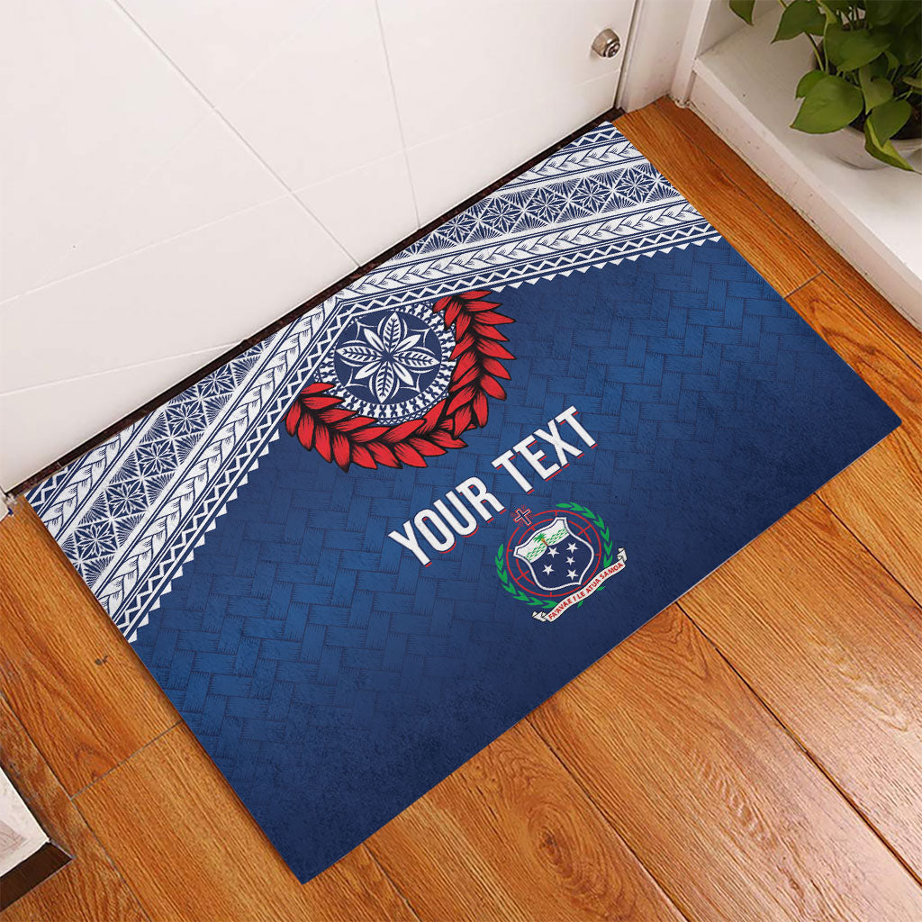 Manu Samoa Rugby Custom Navy Blue Rubber Doormat ʻIe Toga Pattern With Red Ula fala