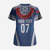 Manu Samoa Rugby Custom Navy Blue Scrub Top ʻIe Toga Pattern With Red Ula fala