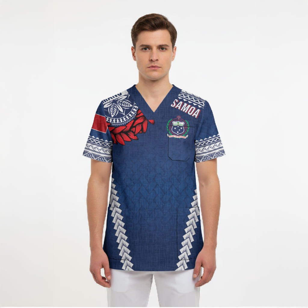 Manu Samoa Rugby Custom Navy Blue Scrub Top ʻIe Toga Pattern With Red Ula fala