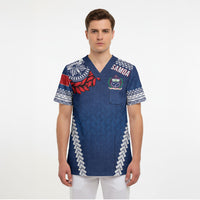 Manu Samoa Rugby Custom Navy Blue Scrub Top ʻIe Toga Pattern With Red Ula fala