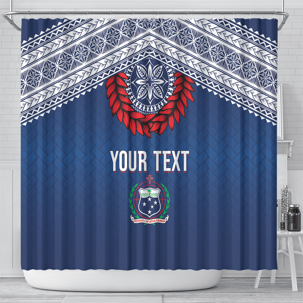 Manu Samoa Rugby Custom Navy Blue Shower Curtain ʻIe Toga Pattern With Red Ula fala