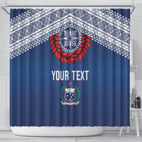 Manu Samoa Rugby Custom Navy Blue Shower Curtain ʻIe Toga Pattern With Red Ula fala