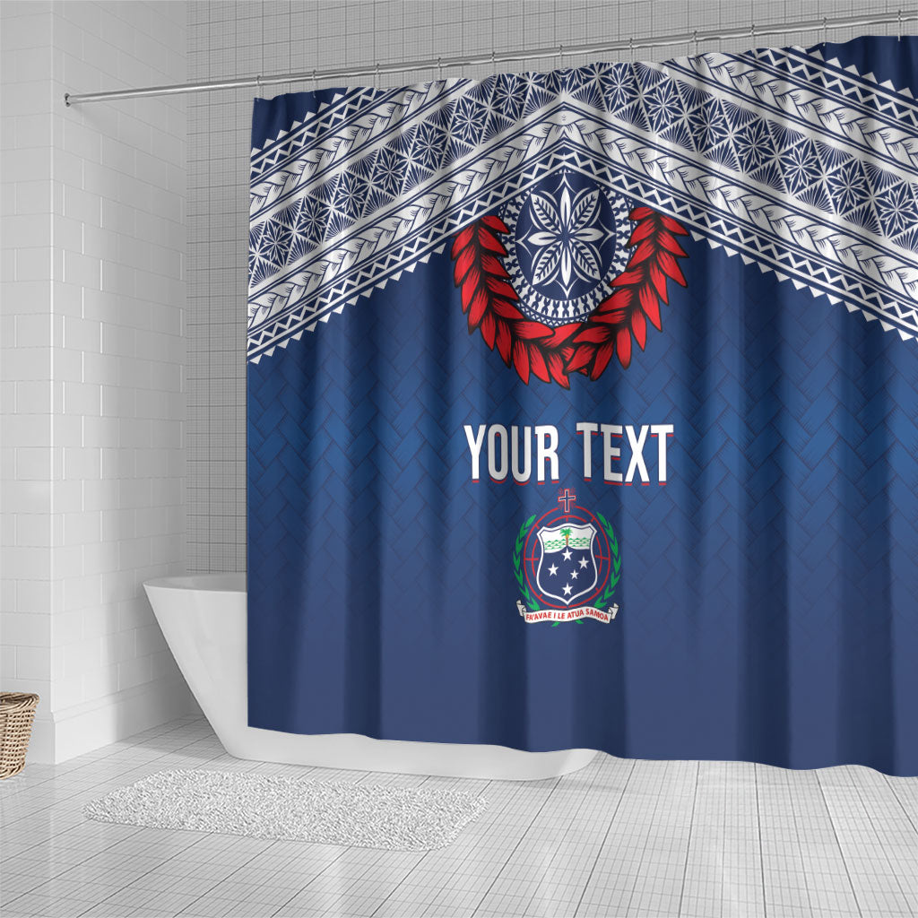 Manu Samoa Rugby Custom Navy Blue Shower Curtain ʻIe Toga Pattern With Red Ula fala