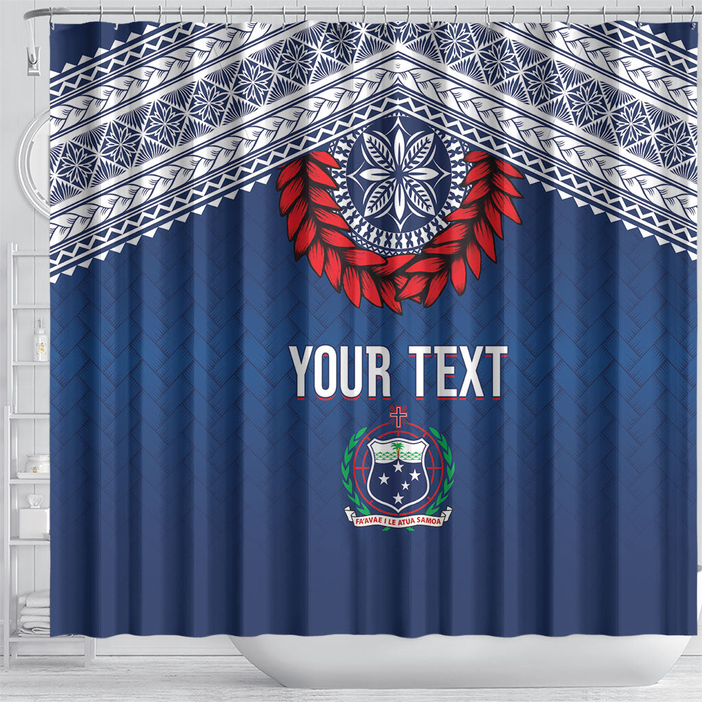 Manu Samoa Rugby Custom Navy Blue Shower Curtain ʻIe Toga Pattern With Red Ula fala