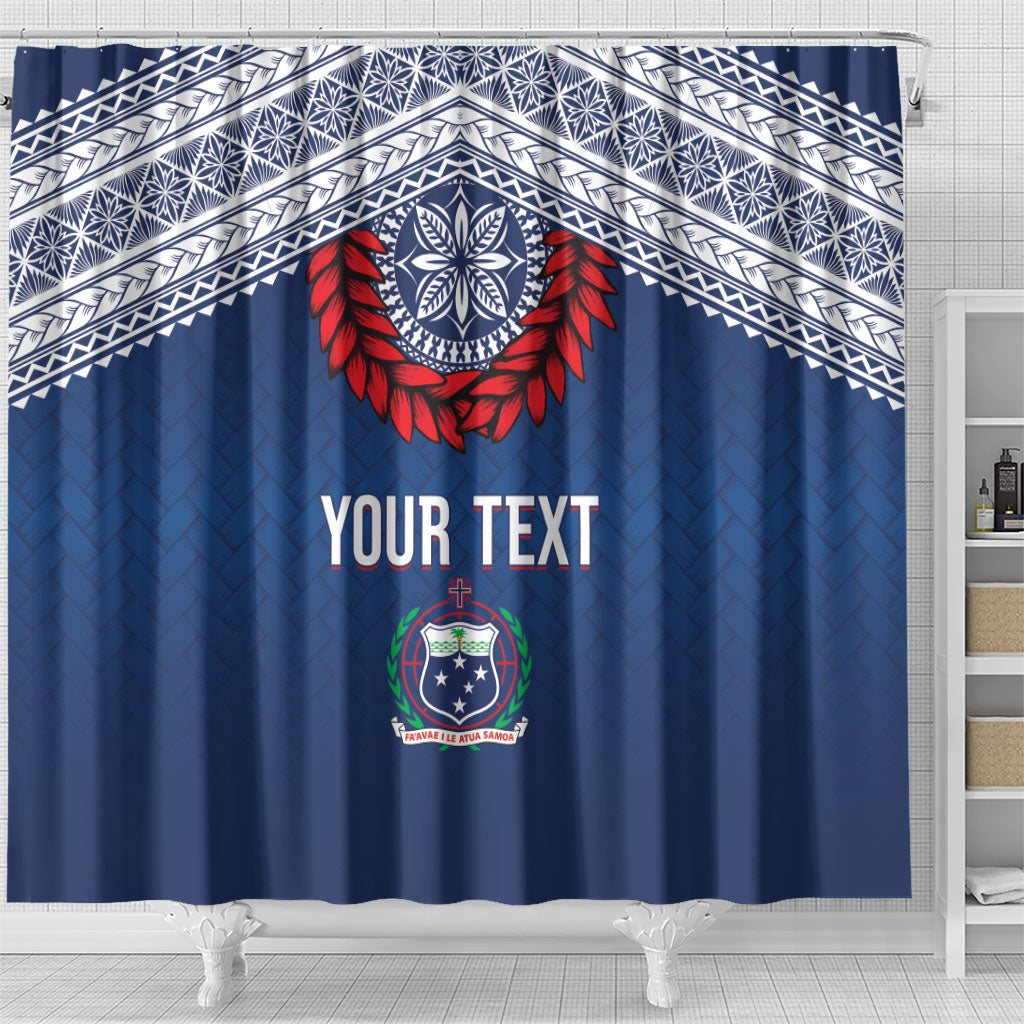 Manu Samoa Rugby Custom Navy Blue Shower Curtain ʻIe Toga Pattern With Red Ula fala