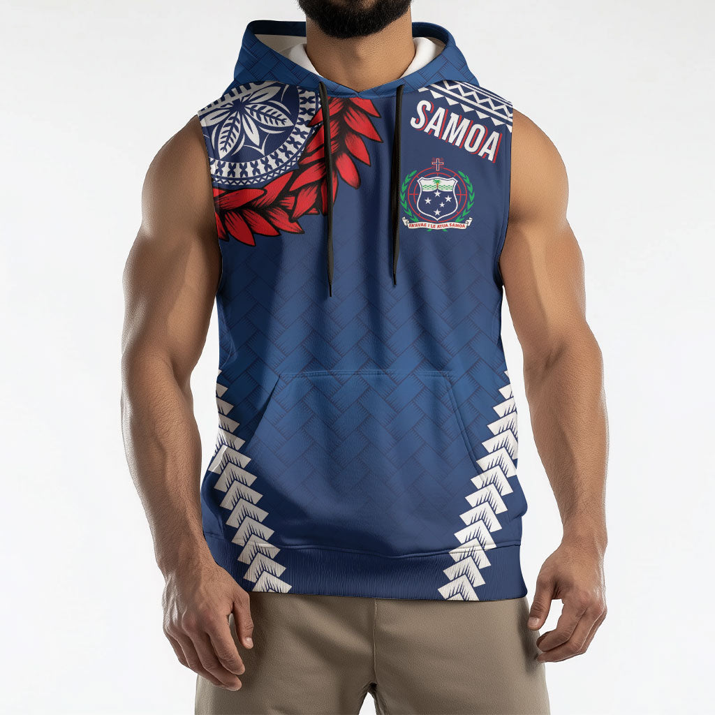 Manu Samoa Rugby Custom Navy Blue Sleeveless Hoodie ʻIe Toga Pattern With Red Ula fala
