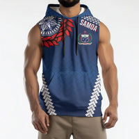 Manu Samoa Rugby Custom Navy Blue Sleeveless Hoodie ʻIe Toga Pattern With Red Ula fala