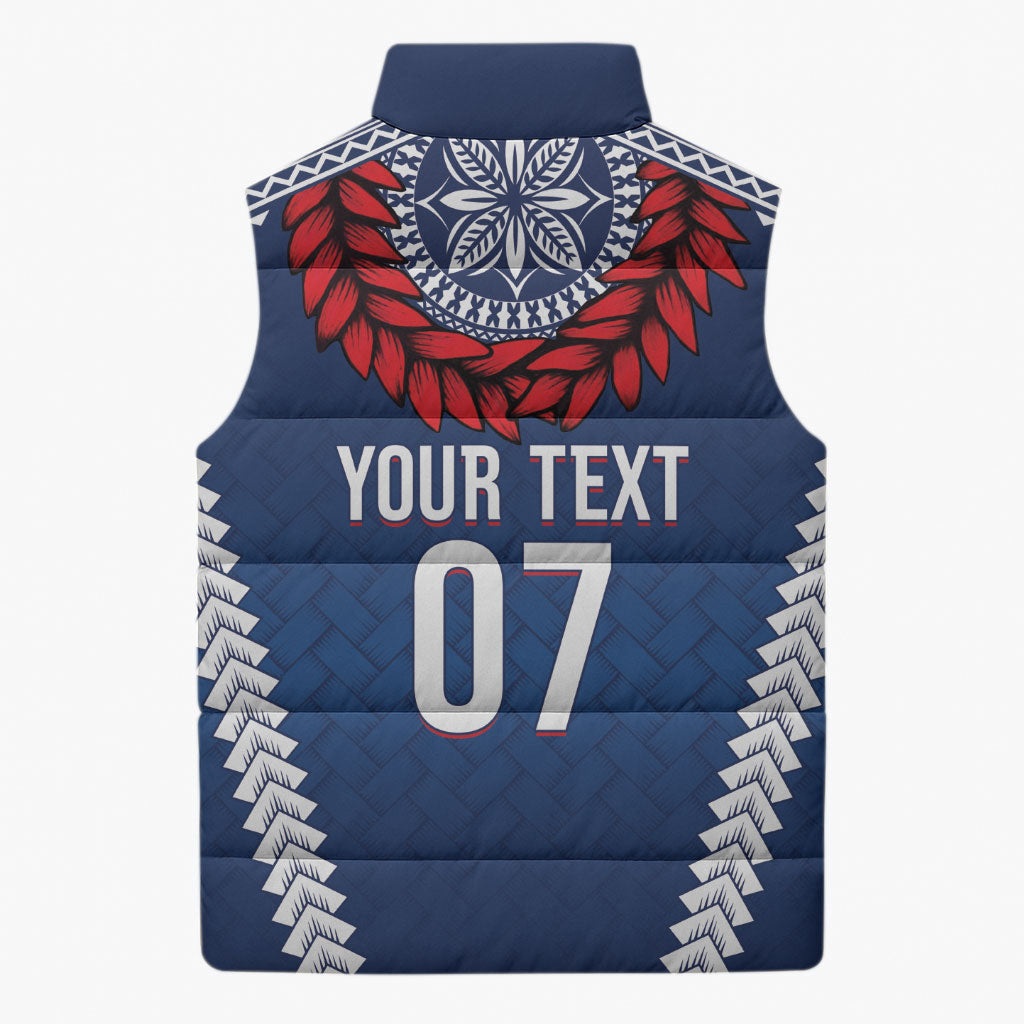 Manu Samoa Rugby Custom Navy Blue Sleeveless Puffer Jacket ʻIe Toga Pattern With Red Ula fala