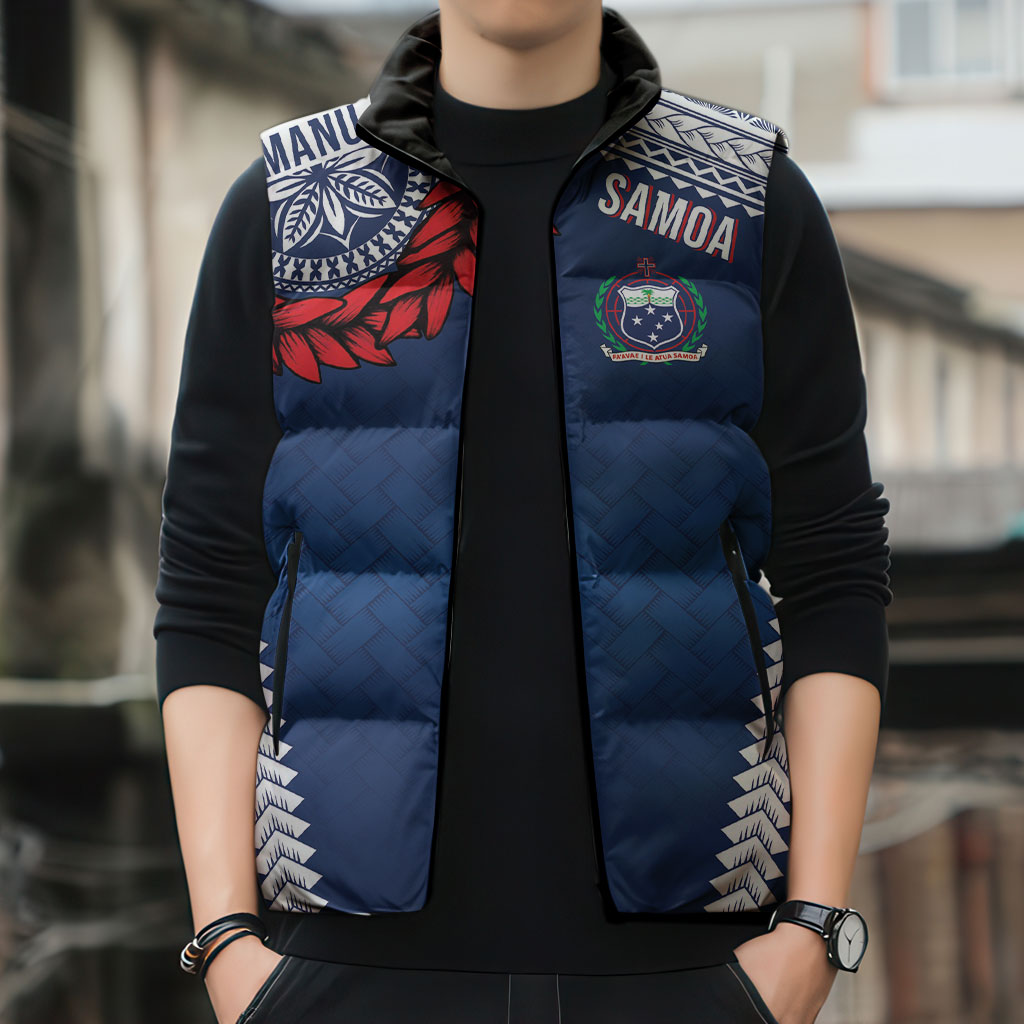 Manu Samoa Rugby Custom Navy Blue Sleeveless Puffer Jacket ʻIe Toga Pattern With Red Ula fala