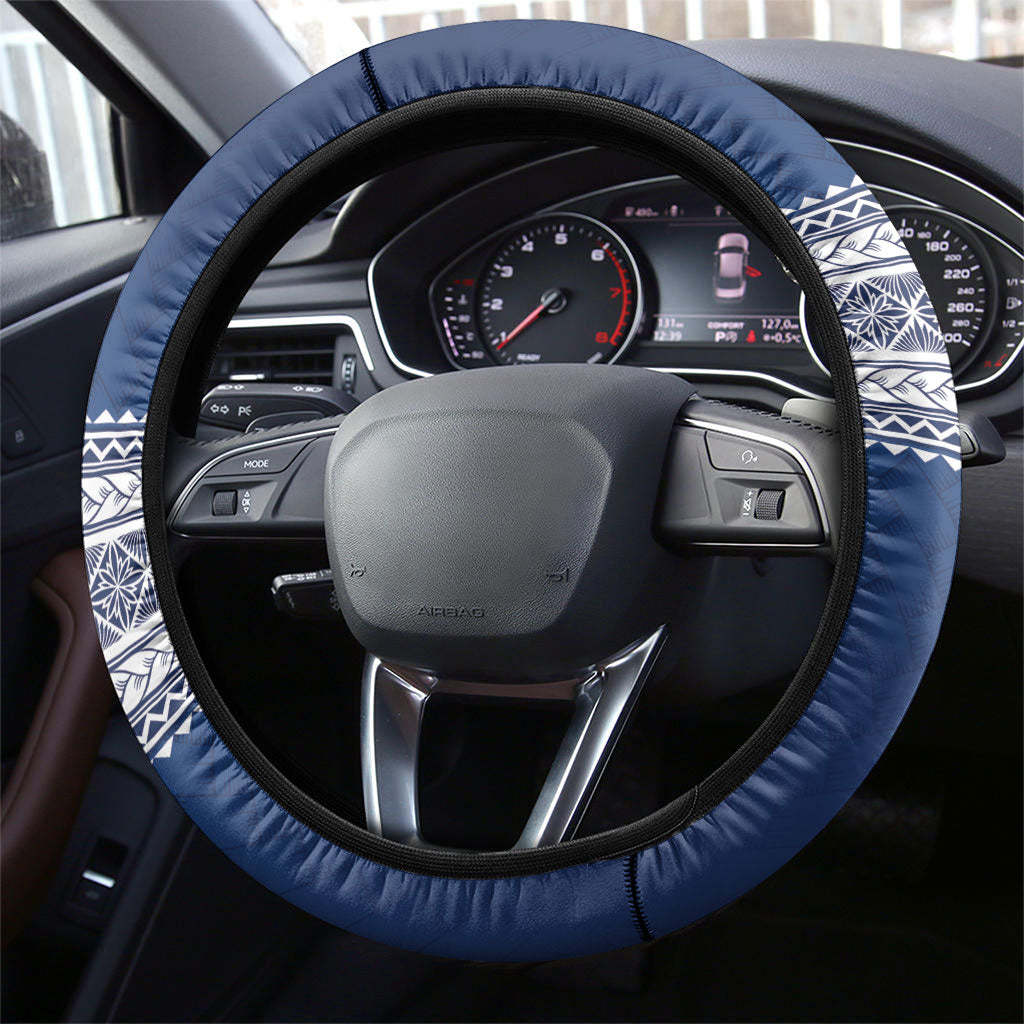 Manu Samoa Rugby Navy Blue Steering Wheel Cover ʻIe Toga Pattern With Red Ula fala
