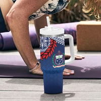 Manu Samoa Rugby Custom Navy Blue Tumbler With Handle ʻIe Toga Pattern With Red Ula fala