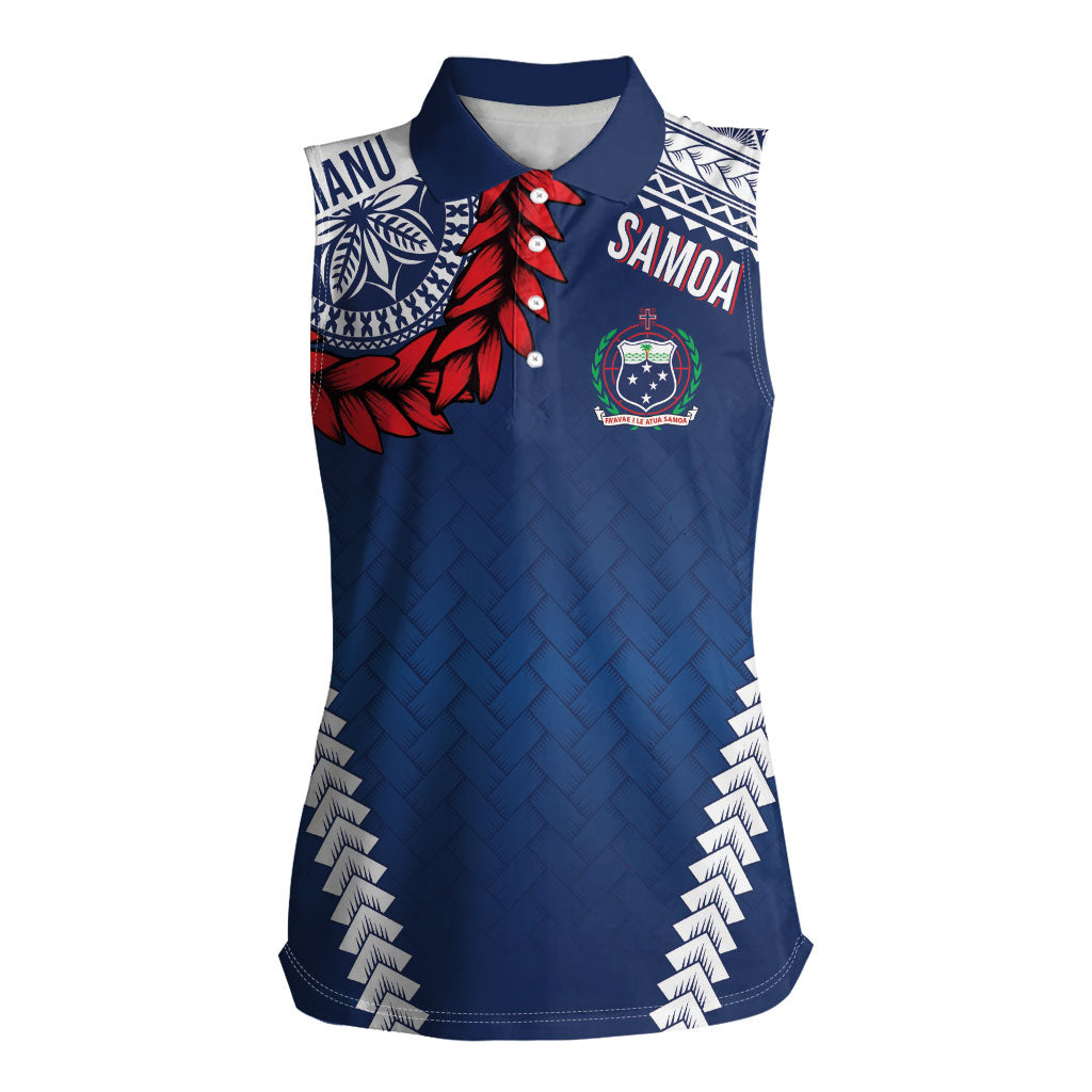 Manu Samoa Rugby Custom Navy Blue Women Sleeveless Polo Shirt ʻIe Toga Pattern With Red Ula fala