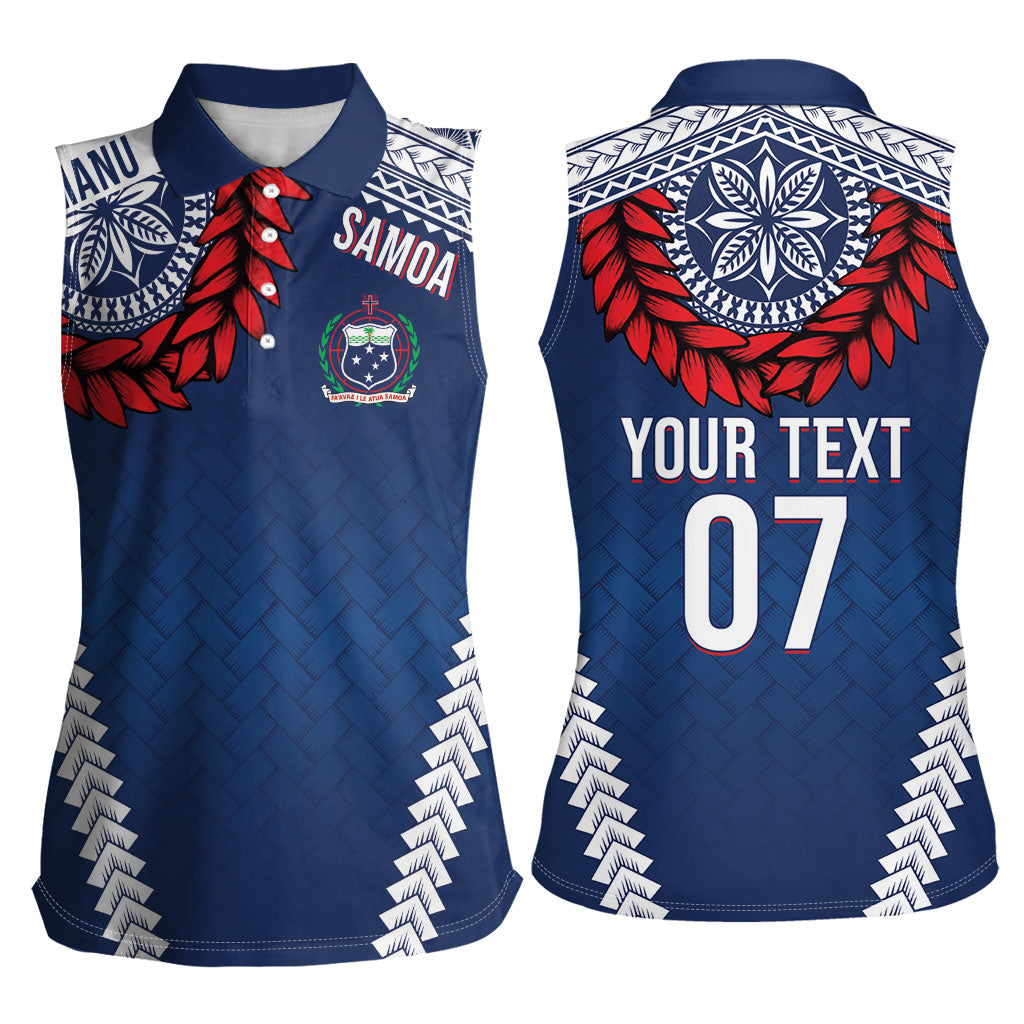 Manu Samoa Rugby Custom Navy Blue Women Sleeveless Polo Shirt ʻIe Toga Pattern With Red Ula fala