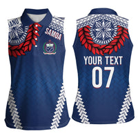 Manu Samoa Rugby Custom Navy Blue Women Sleeveless Polo Shirt ʻIe Toga Pattern With Red Ula fala