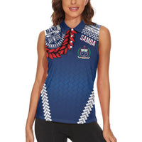 Manu Samoa Rugby Custom Navy Blue Women Sleeveless Polo Shirt ʻIe Toga Pattern With Red Ula fala