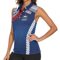 Manu Samoa Rugby Custom Navy Blue Women Sleeveless Polo Shirt ʻIe Toga Pattern With Red Ula fala