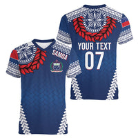 Manu Samoa Rugby Custom Navy Blue Women V-Neck T-Shirt ʻIe Toga Pattern With Red Ula fala