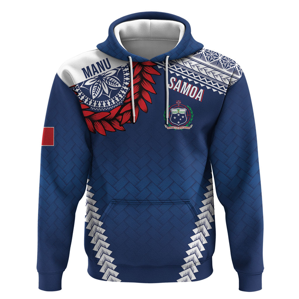Manu Samoa Rugby Custom Navy Blue Zip Hoodie ʻIe Toga Pattern With Red Ula fala