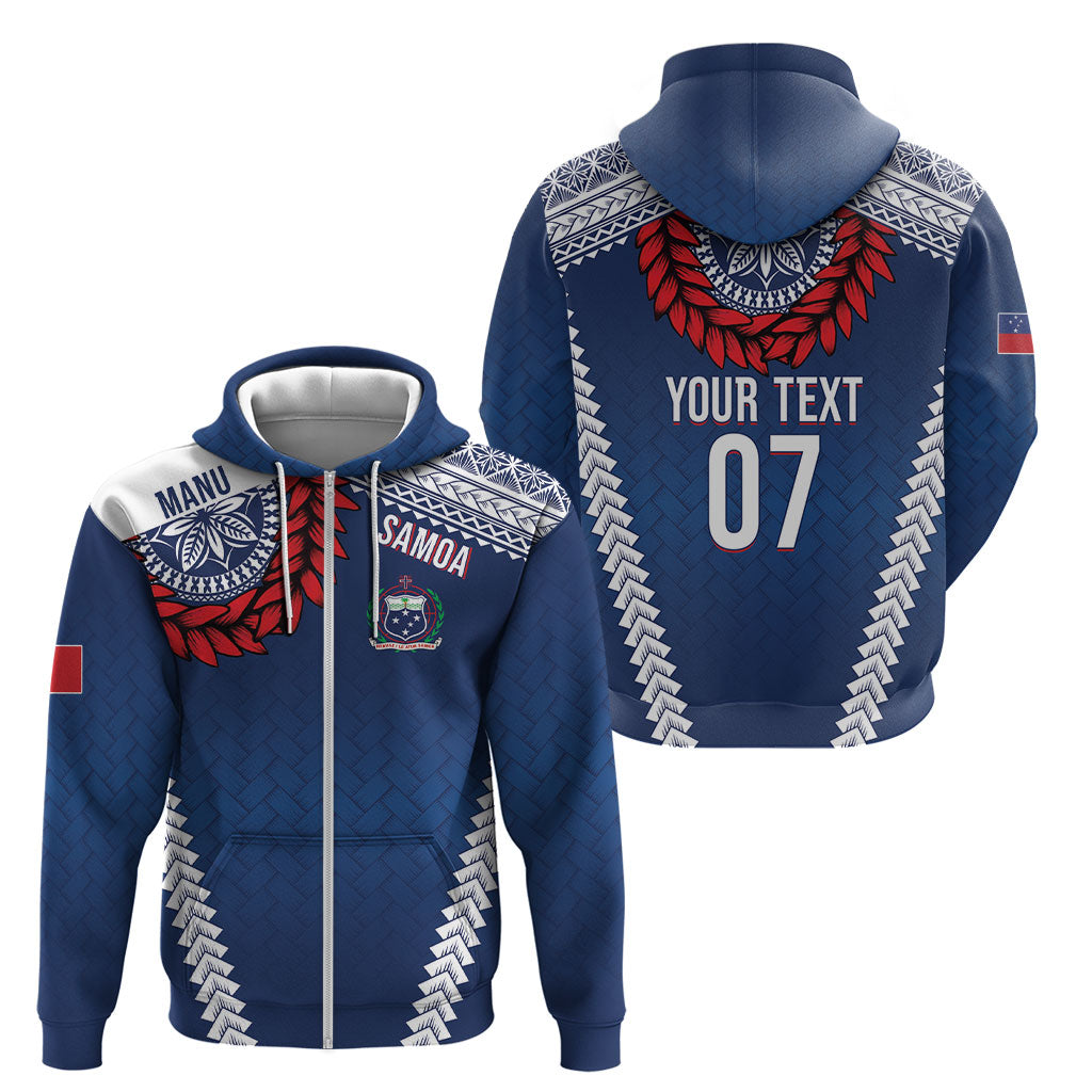 Manu Samoa Rugby Custom Navy Blue Zip Hoodie ʻIe Toga Pattern With Red Ula fala