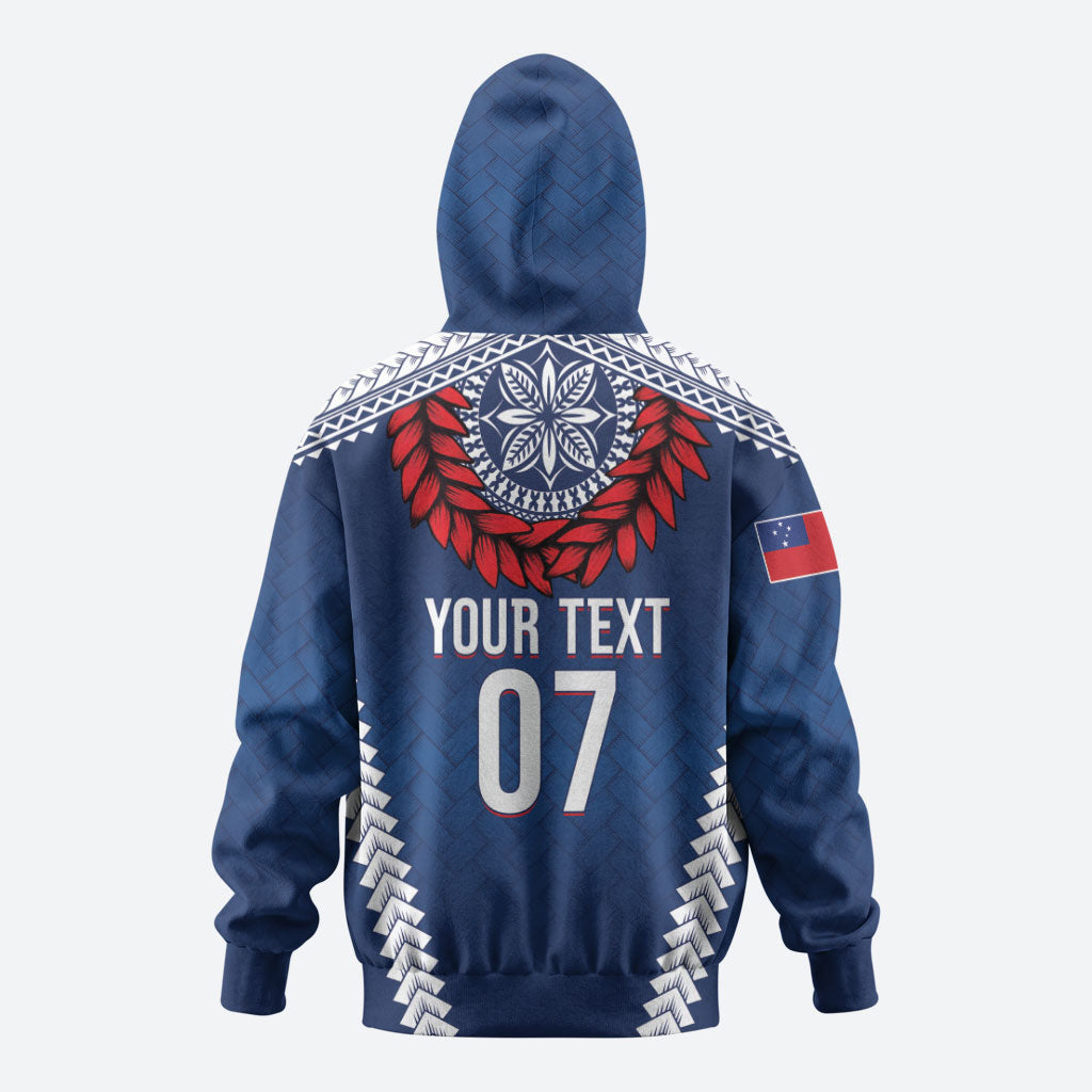Manu Samoa Rugby Custom Navy Blue Zip Hoodie ʻIe Toga Pattern With Red Ula fala