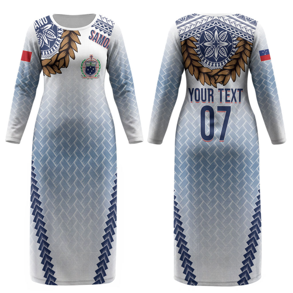 Manu Samoa Rugby Custom White Couples Matching Long Sleeve Bodycon Dress and Hawaiian Shirt ʻIe Toga Pattern With Brown Ula fala