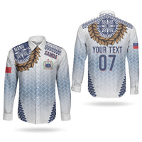Manu Samoa Rugby Custom White Couples Matching Long Sleeve Bodycon Dress and Long Sleeve Button Shirt ʻIe Toga Pattern With Brown Ula fala