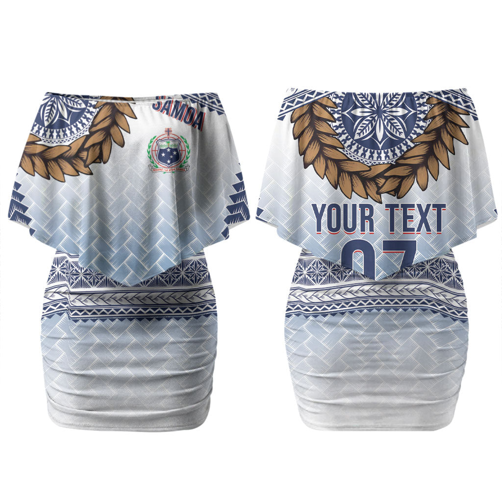 Manu Samoa Rugby Custom White Couples Matching Off Shoulder Short Dress and Hawaiian Shirt ʻIe Toga Pattern With Brown Ula fala